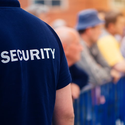 A man with security written on his back over looking a crowd
